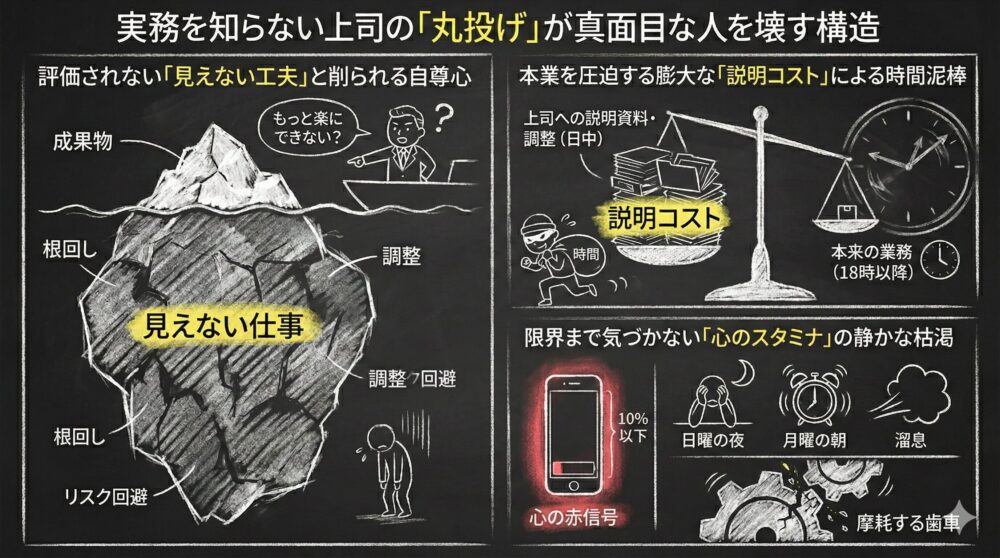 実務を知らない上司の丸投げが真面目な人を壊す構造の図解。氷山モデルで表現された評価されない「見えない仕事」、本業を圧迫する膨大な「説明コスト」による天秤、そしてバッテリー残量10%以下のスマホで例えた「心のスタミナ」の枯渇が描かれています。消耗する現場の苦悩を可視化したイラスト。